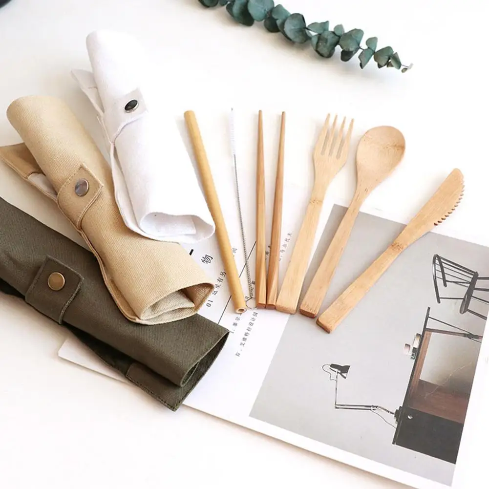 Custom utensils portable reusable travel picnic camping cutlery set eco friendly wooden bamboo eating utensils