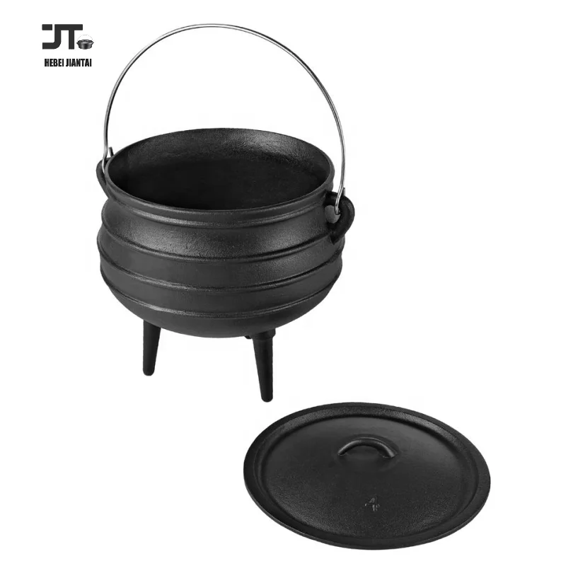 Pre-Seasoned Cast Iron 6L Three-legged Cauldron Potjie African Pot Heavy-Duty Tripod Cookware with Lid Metal Handle for Camping