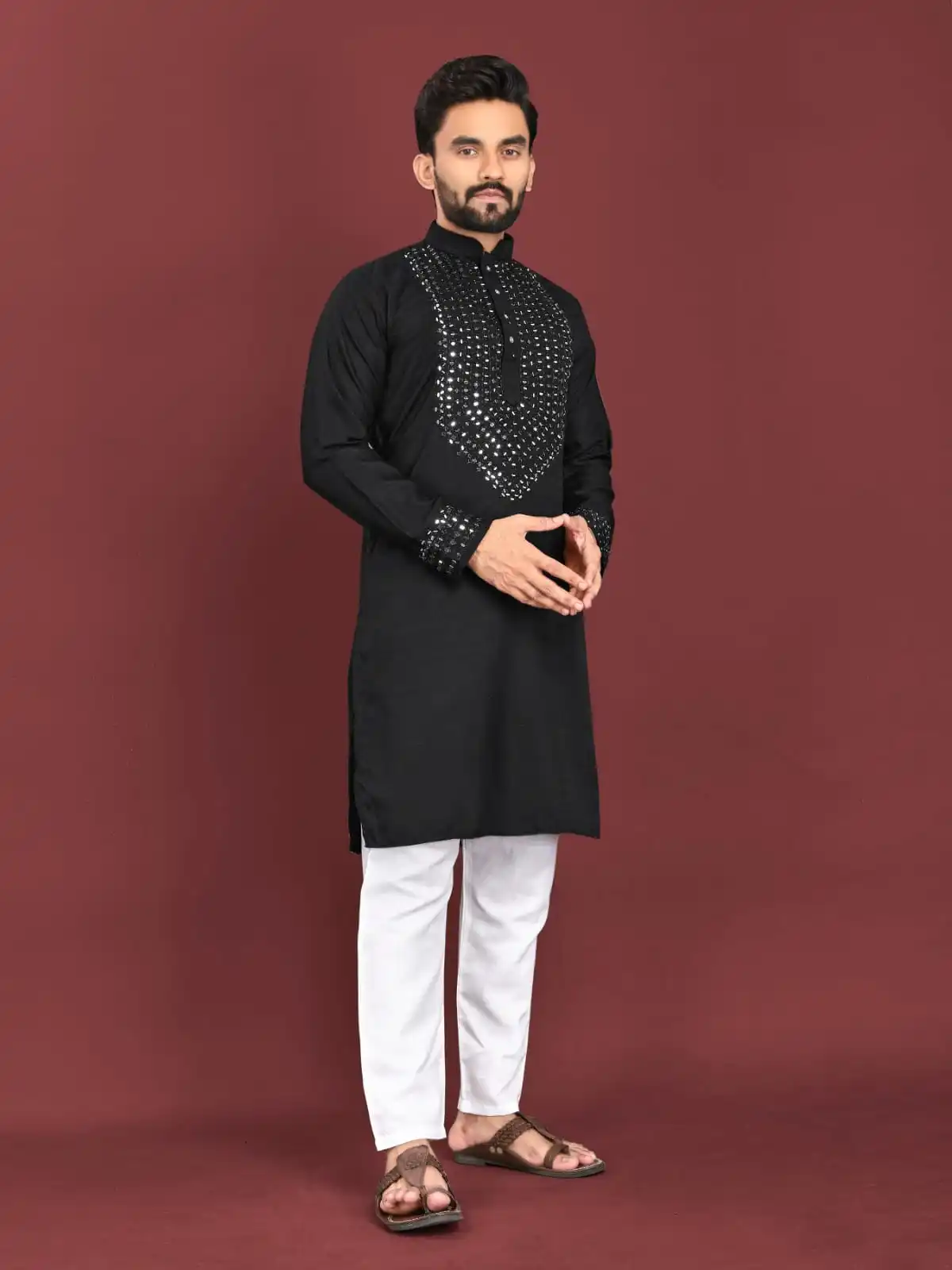 INDIAN MEN KURTA PAJAMA WITH REAL MIRROR HANDWORK DESIGN ON NECK & SLEEVE