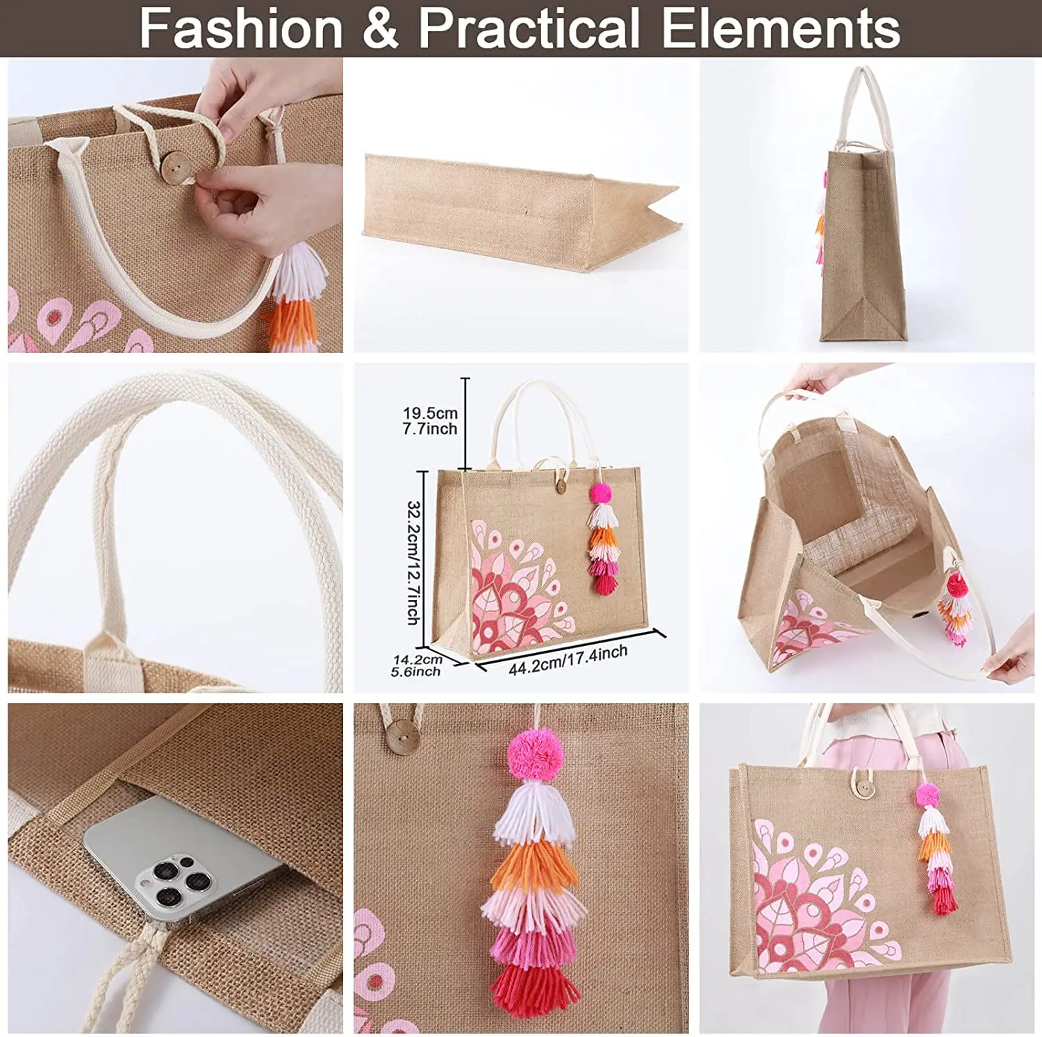 Jute Reusable Grocery Shopping Bag Jute Tote Bags Aesthetic for School, College, Travel, Beach OEM Made In Vietnam