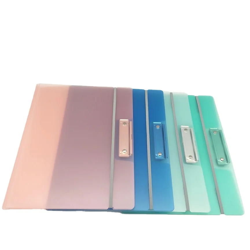 Office and school supplies colorful transparent A4 size plastic file folders with metal clip and elastic bands