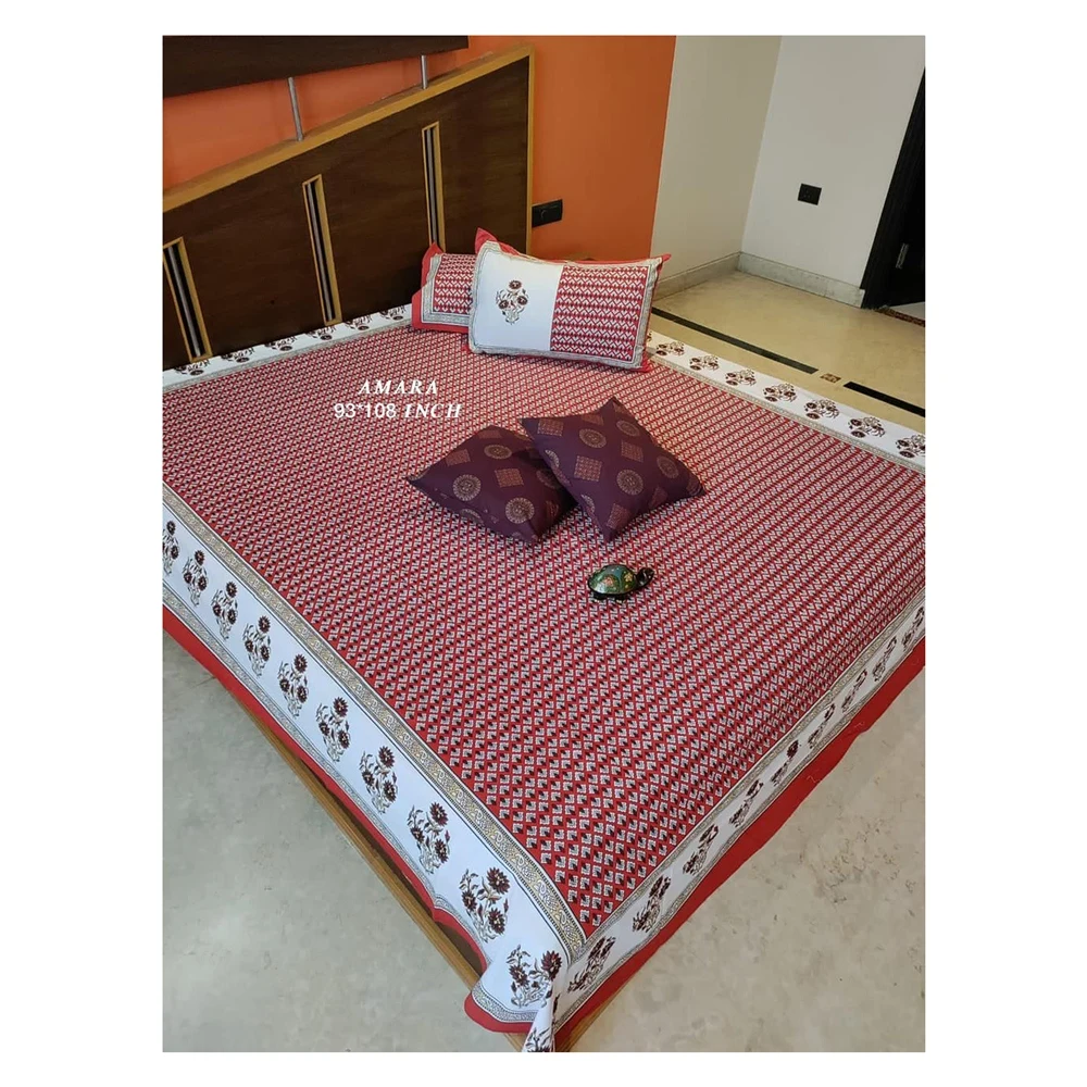 AMBS002 Latest Premium Collection  Amara & Masakali 93x108 With 2 Hand Block Cushion Covers Premium Queen Size Bed Sheets