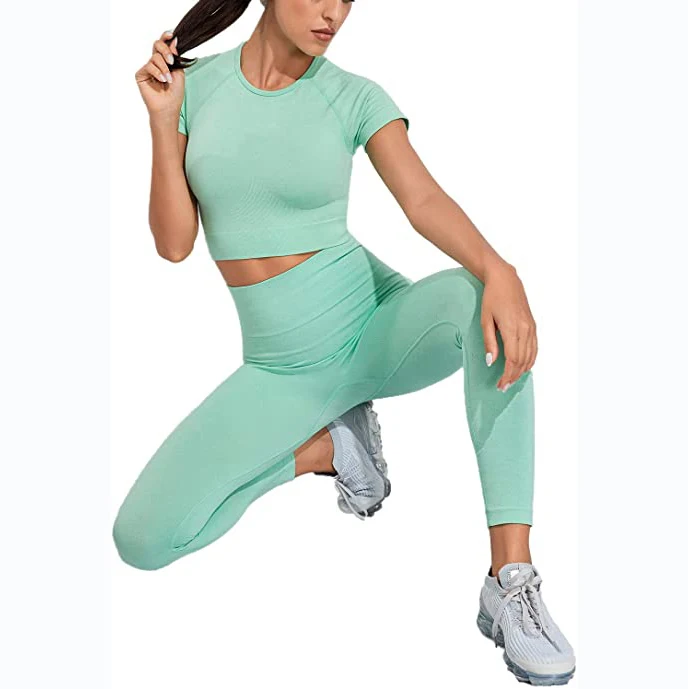 Wholesale Stock Woman Ribbed Seamless Sports Bra Crop Tank Top And Leggings Set