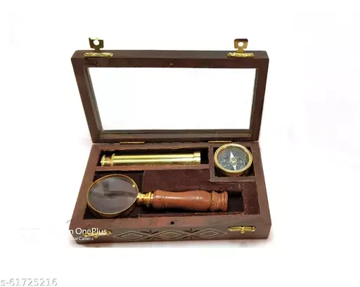 Gift Set Magnifier Glass Indian Wood Magnifying Glass Brass Telescope Compass with Wooden Box Nautical Supplies