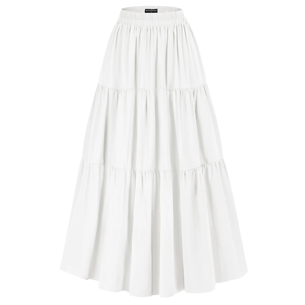 Women Tiered Elastic High Waist Swing Skirt Ladies White Maxi Lining Clothes Skirts