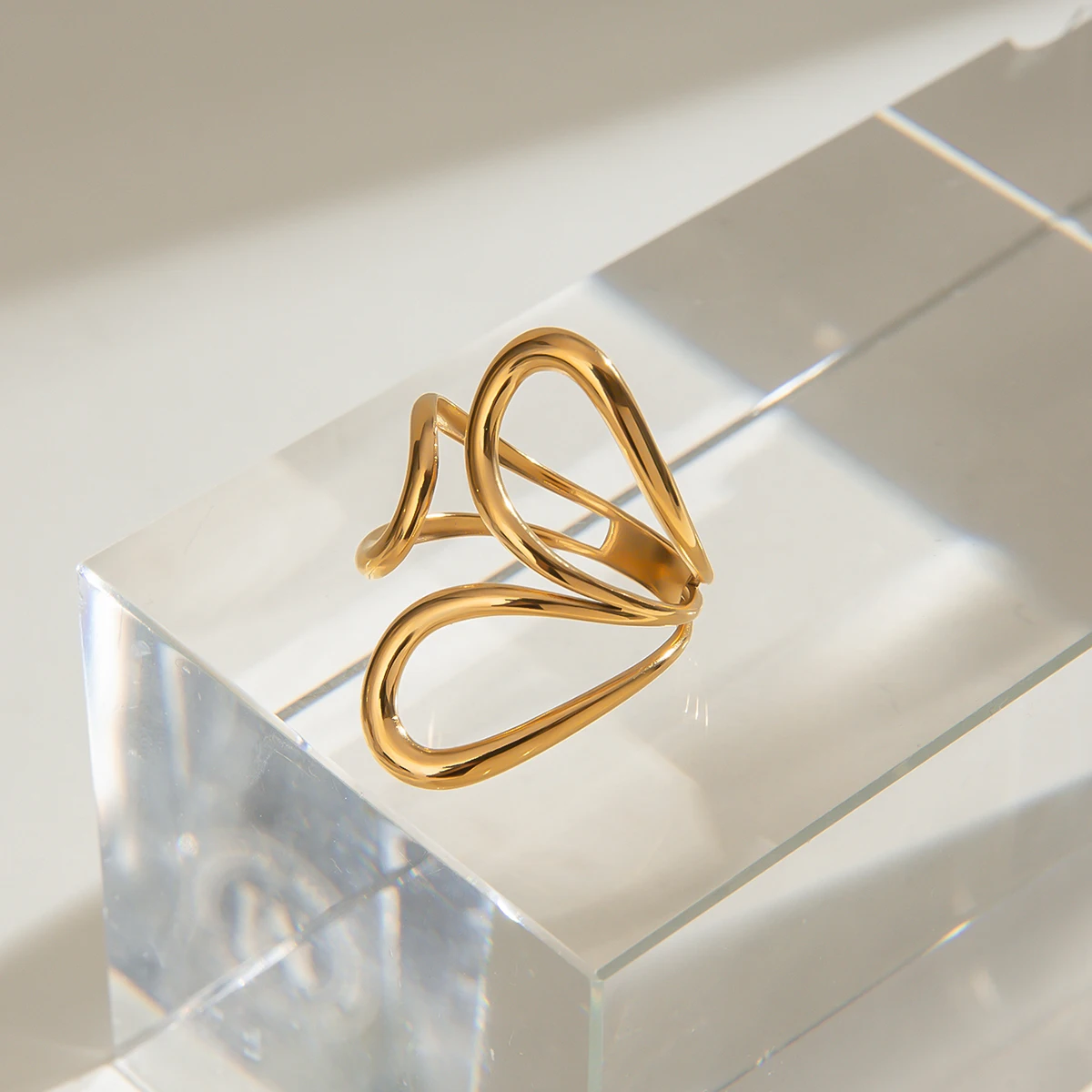 J&D 18k Gold Stainless Steel Adjustable Polished Abstract Line Open Ring Artistic Unique Linear Statement Jewelry