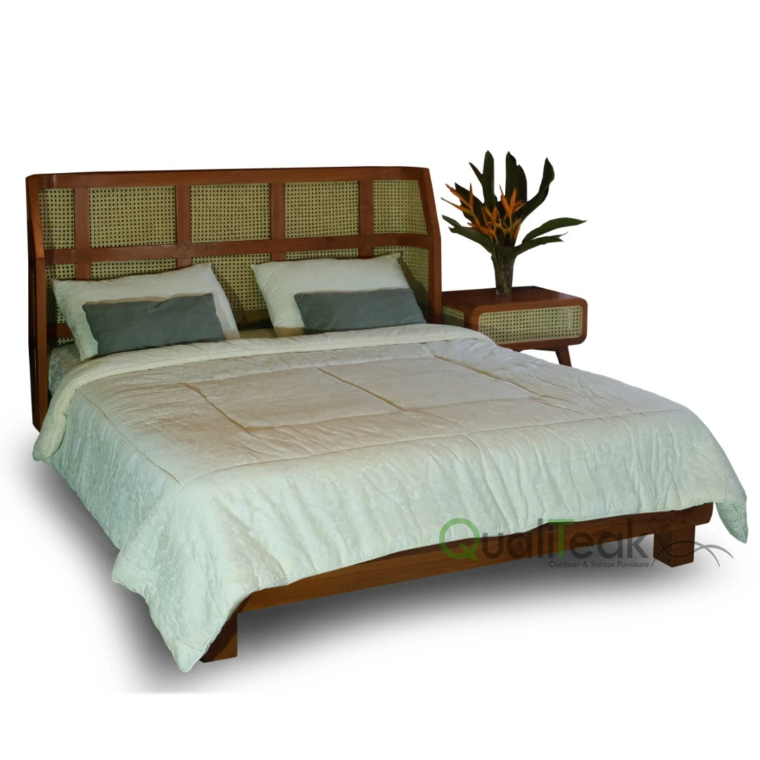 New Design Teak Wood Bed Frame 180x200 CM King Size Bed Modern Minimalist with Rattan weaving