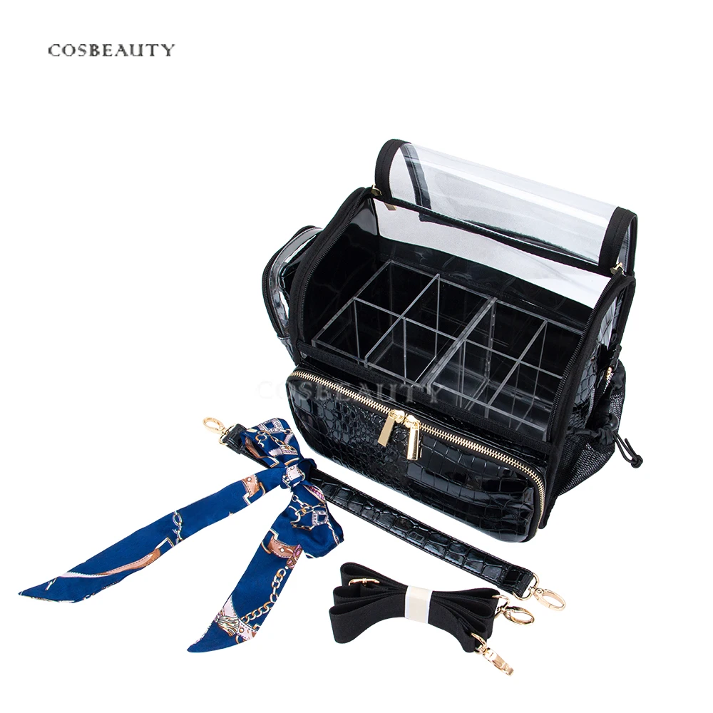 BSCI members Newest portable brush holder Custom Brushes Cosmetic Bag Black crocodile PU leather travel PRO MUA brush bag