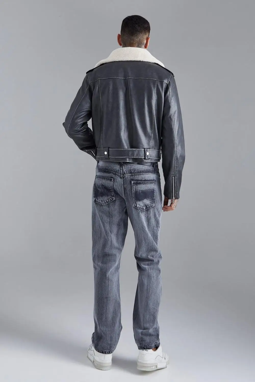 New Grey Boxy Fit Washed Original Sheepskin Leather Biker Jacket for Men with Borg Collar Made by Huzaifa Products.