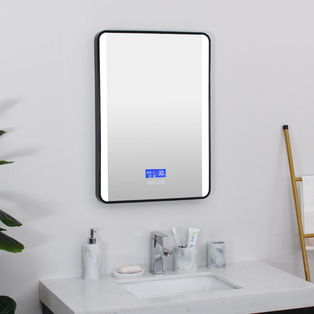 Matte Black Aluminum Frame Rectangle Round Corner Bathroom Vanity Mirror With Anti Fog