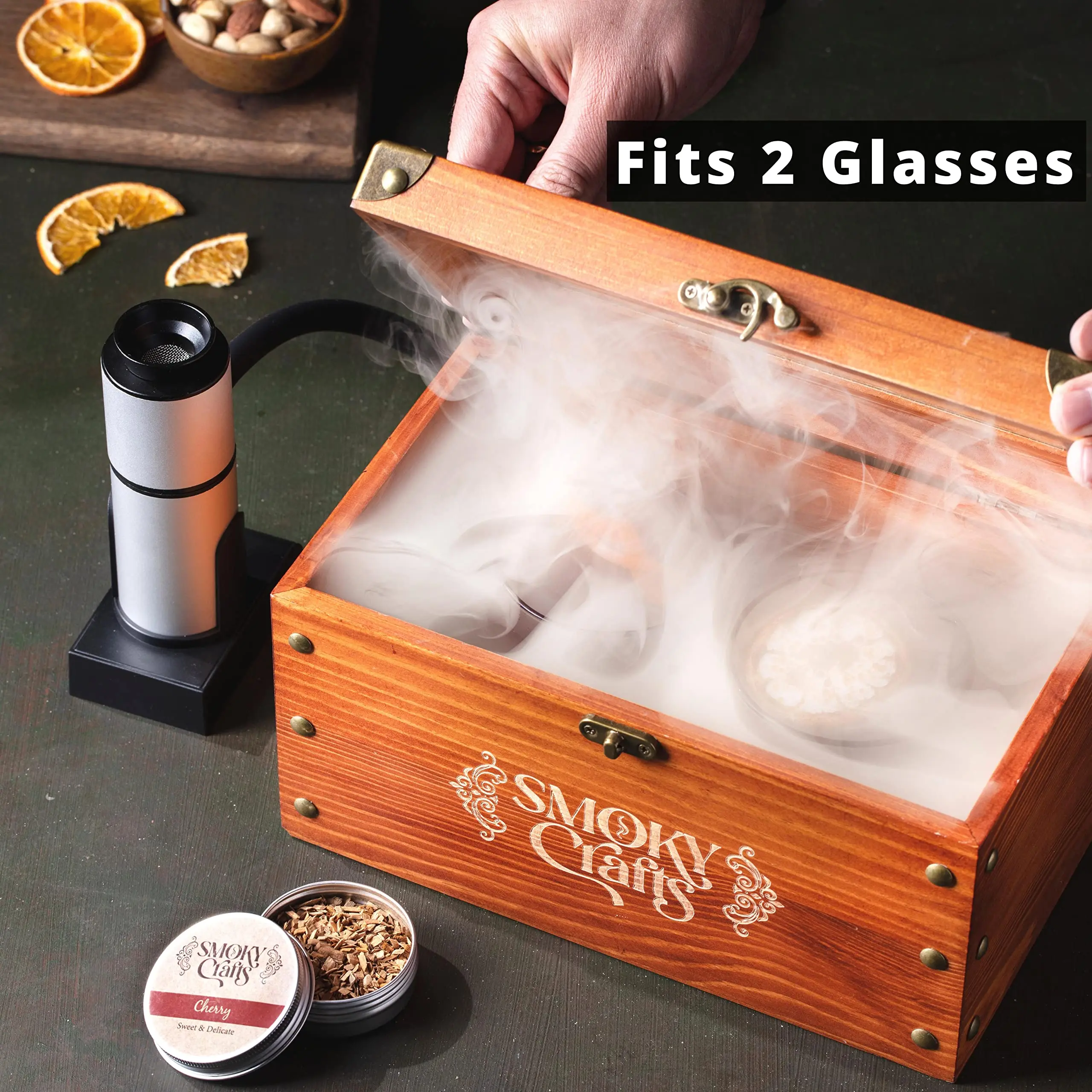 Smoky Crafts Cocktail Smoker Kit - Whiskey Smoker Kit with Smoking Gun, Cocktail Smoker Box and Wood Chips (Apple & Cherry) - Ol