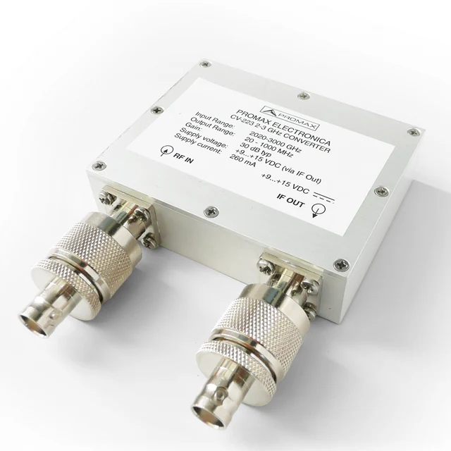 Compact durable shielded RF radio frequency down converter from 2 to 3 GHz to 20 to 1000 MHz bands for spectrum analyzers
