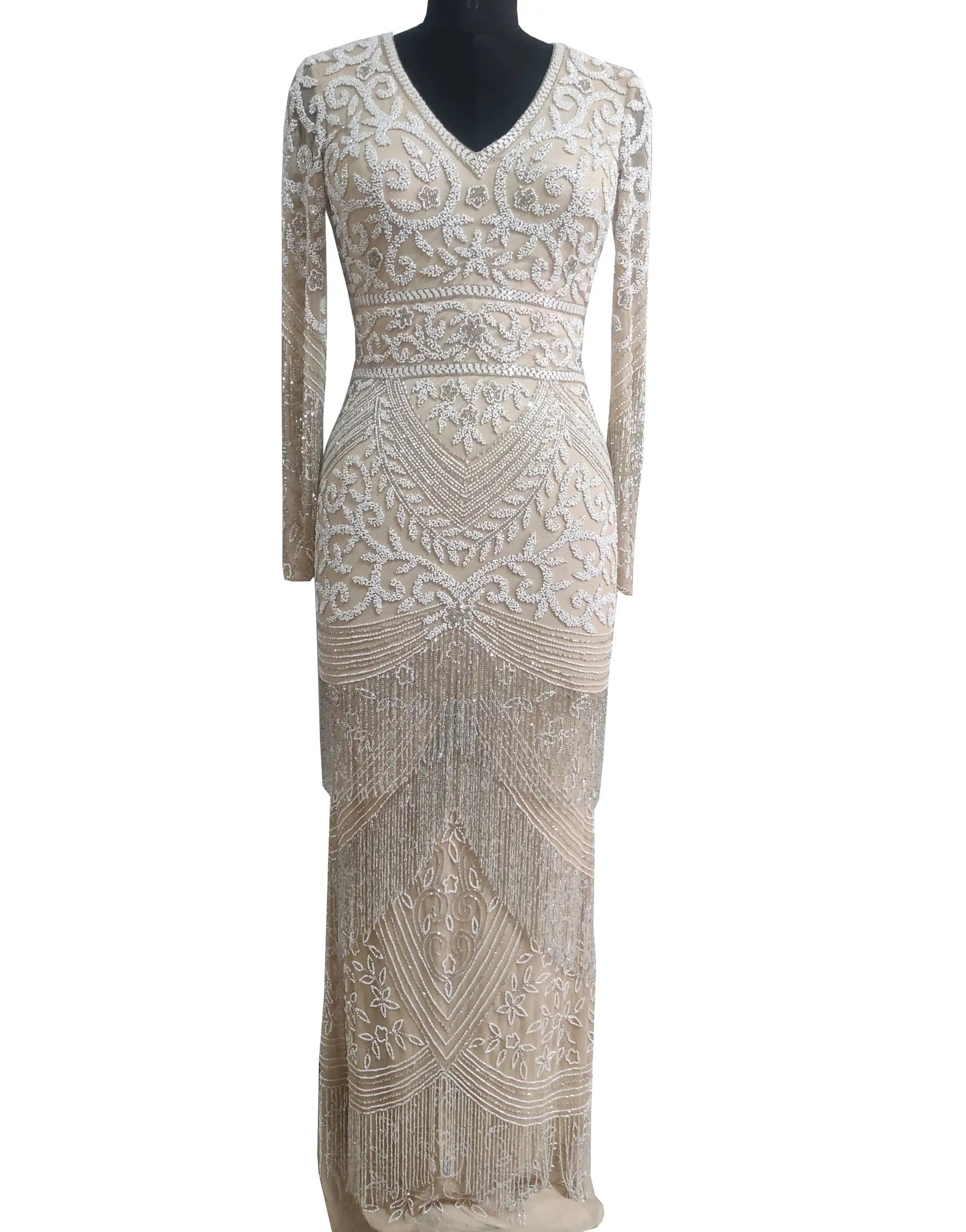 Stylish Princess dresses very heavily beaded luxurious beautiful white nude hand embroidered long ball gown party evening dress