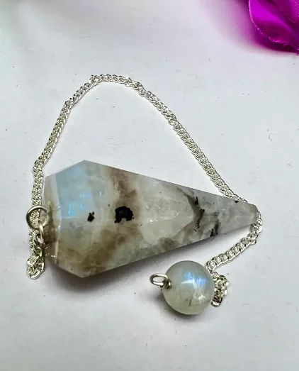 High Quality White Rainbow Moonstone Faceted Crystal Cone Pendulum Gemstone Dowsing Pendulum For Reiki Crystal Healing