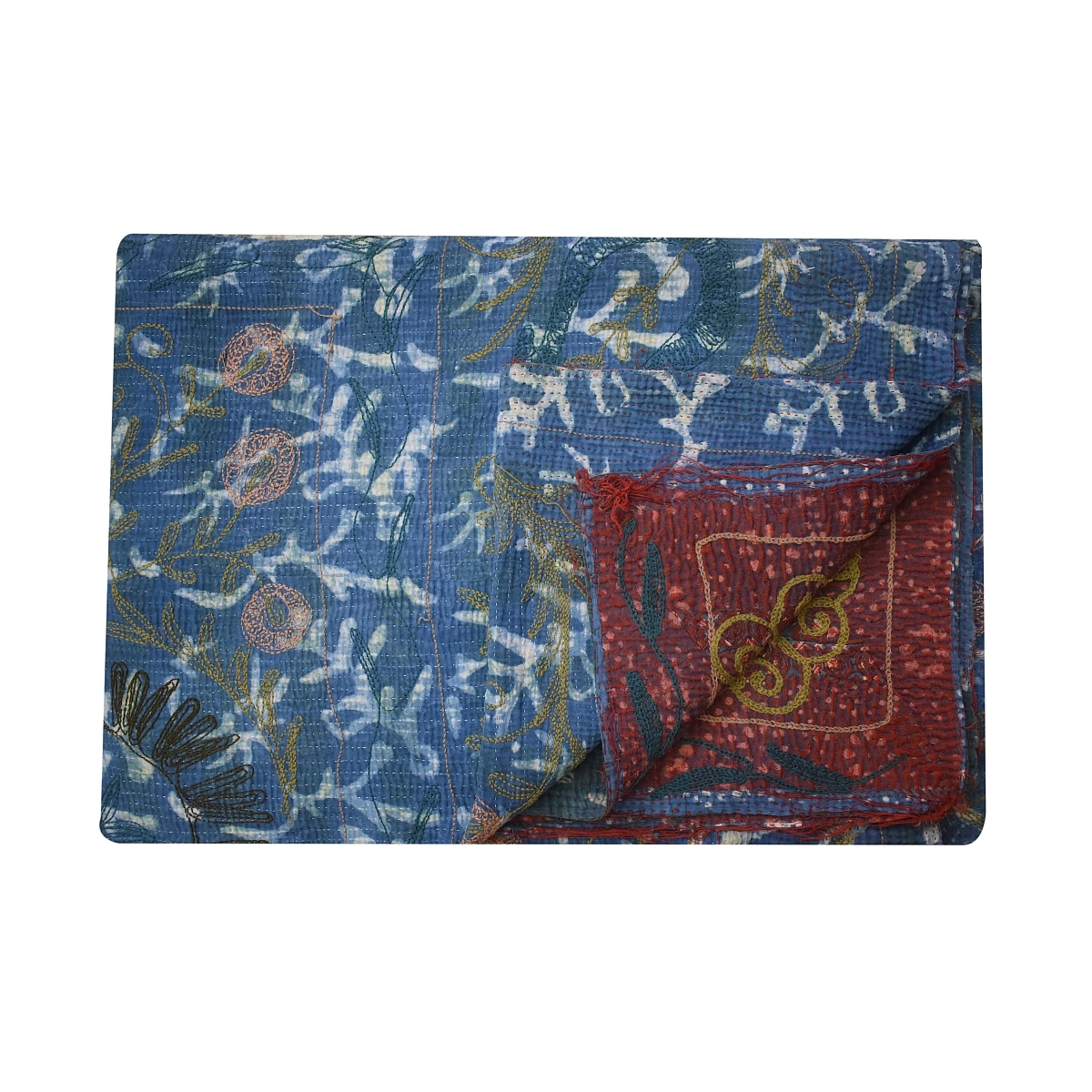 Best sale Indian twin size Indigo print Suzani embroidery reversible one of kind vintage sari kantha quilt, throw and blanket