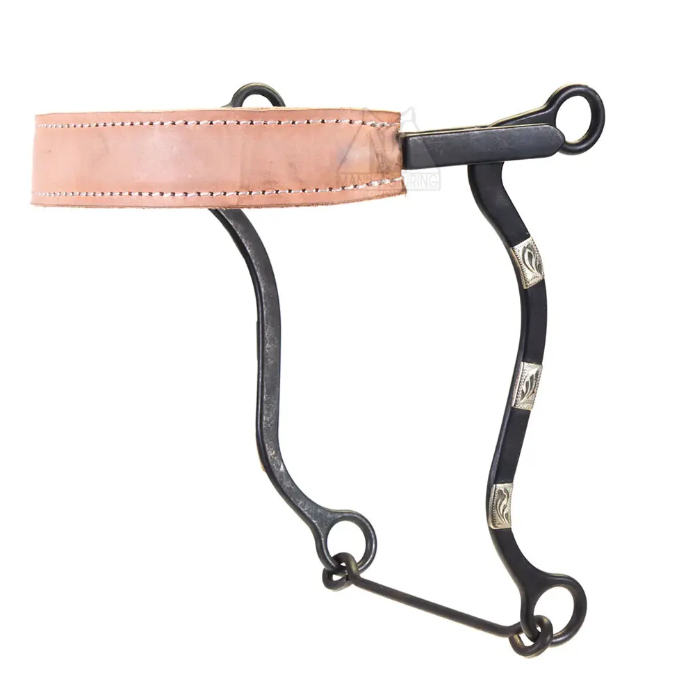High Quality Dull Black Leather Padded English Hackamore with Soft Padding Stainless Steel Hackamore Bit