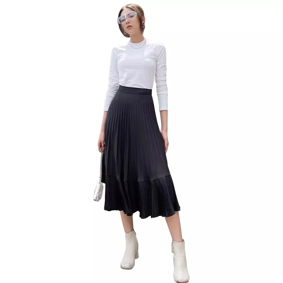 New Arrival Korean Women Skirts Clothing High Waist Asymmetrical Elastic Pleated Midi Skirts Made in Vietnam