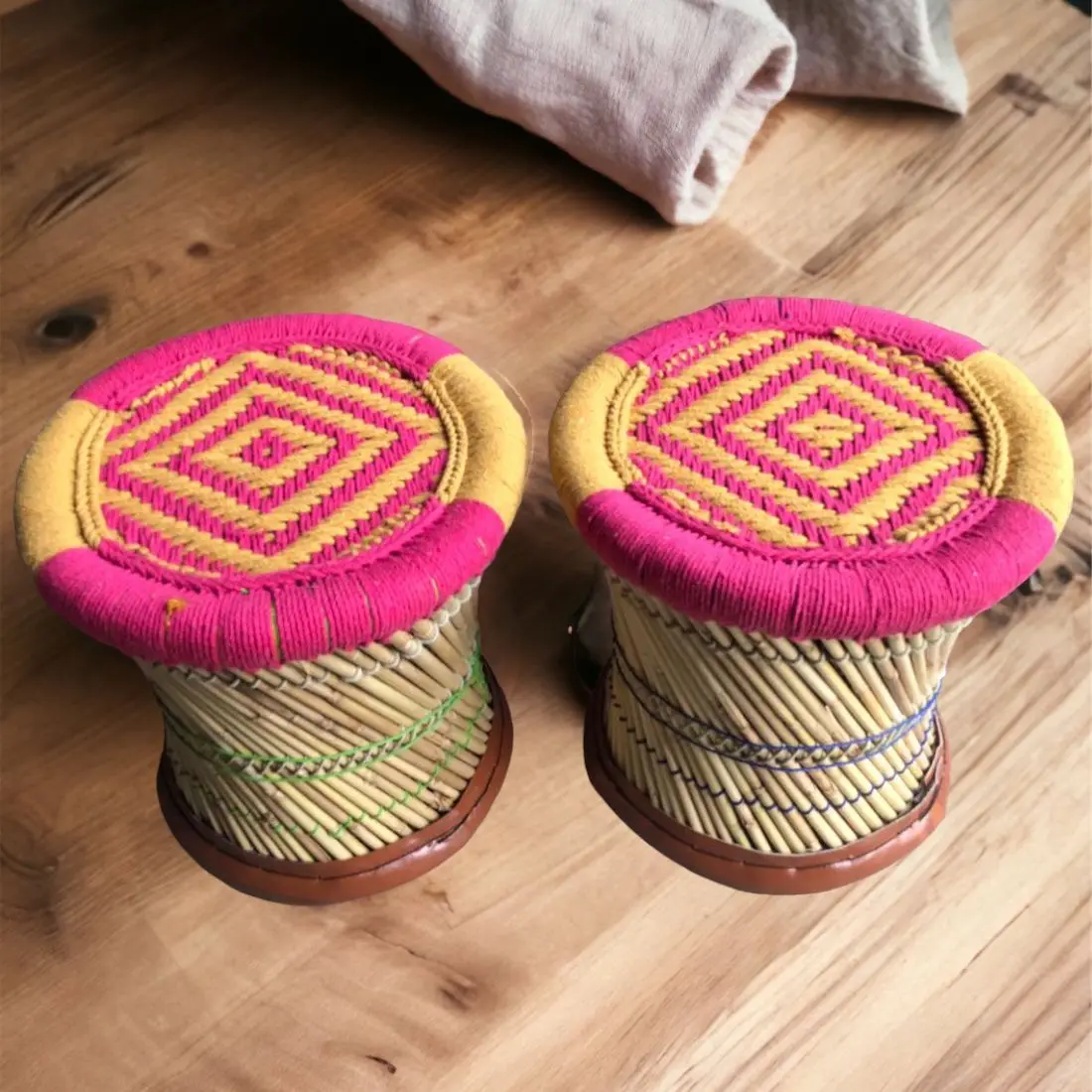 Attractive Bamboo Stool For Indoor Outdoor Home Hotel Garden Stool Handicraft Cane Wood Bar Puffy(set of 2 stool)