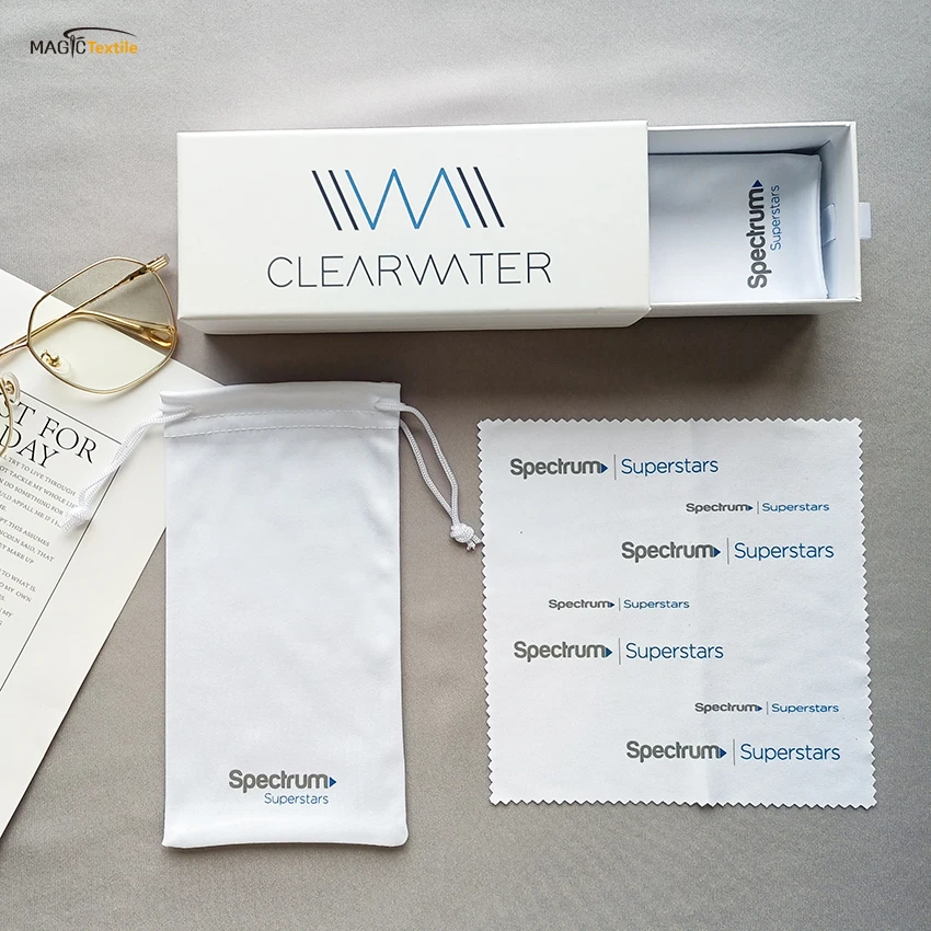 Wholesale White Luxury Drawstring Microfiber Packaging 180gsm Eye Glasses Sunglasses Pouch Bag And Cloth With Logo