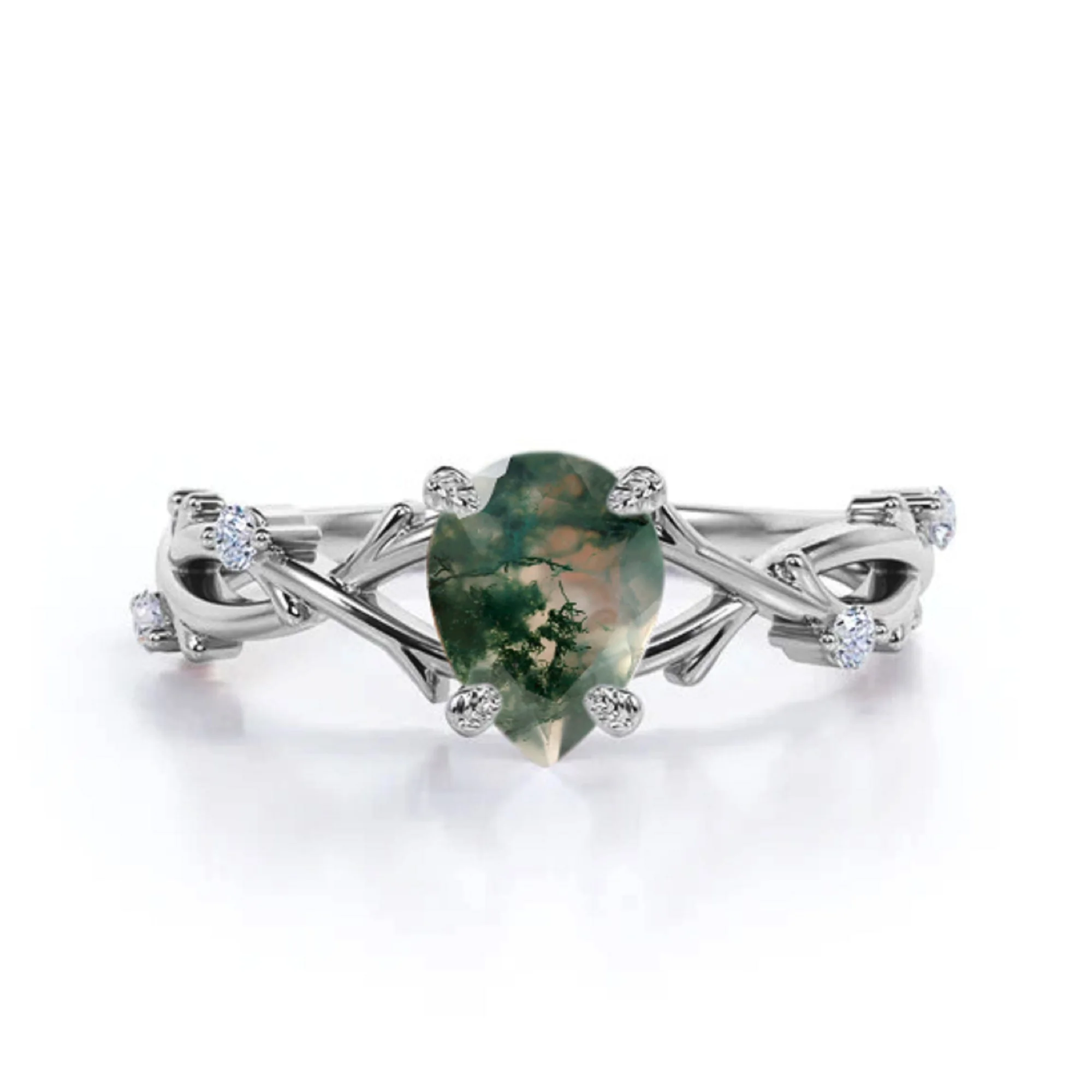 Customize Romantic Engagement Nature Inspired Ring Pear Cut Moss Agate & Round cut Moissanite Leaf Branch Designer 18k Gold Ring
