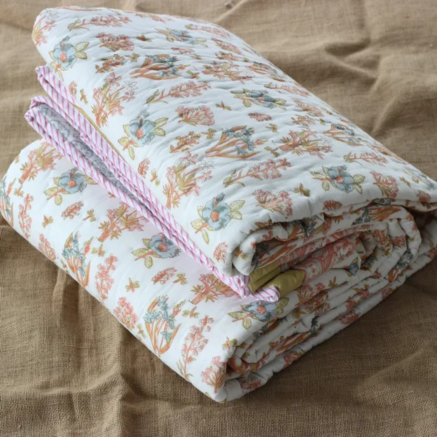 Jaipuri Handmade Quilt Indian Hand Block Printed Reversible Razai Cotton Voile Handmade Quilt Patch Work Quilt