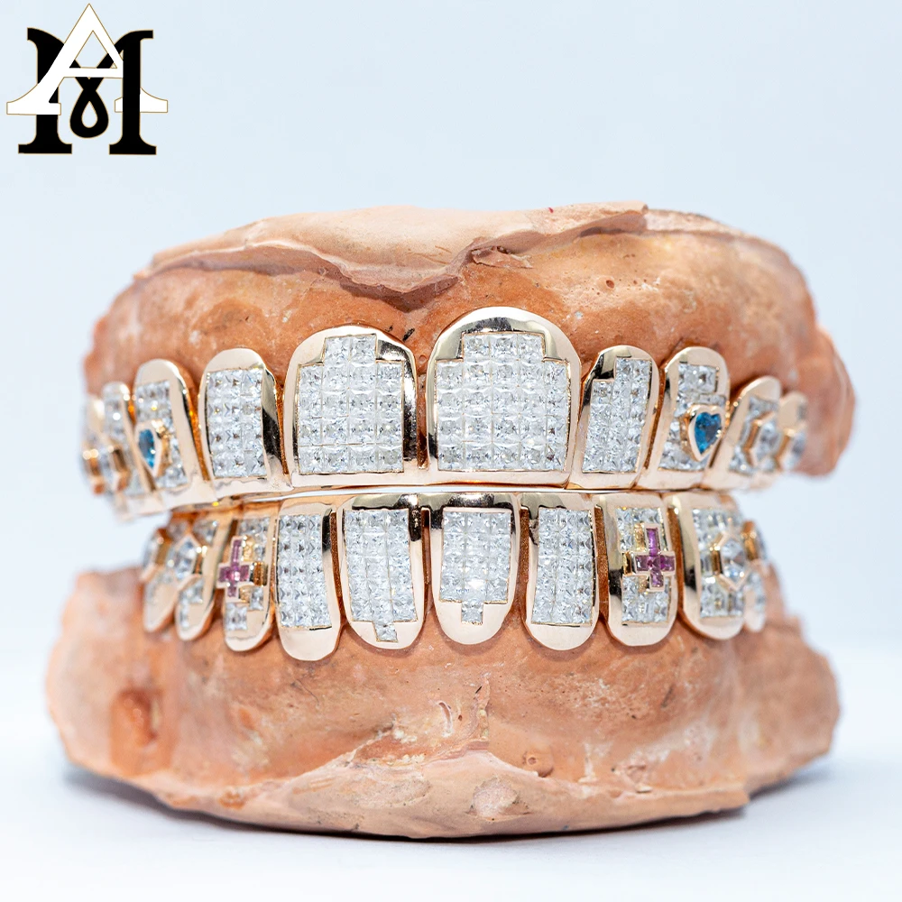 Invisible Set Custom Iced Out Hip Hop Grillz Princess Brilliant Cut 18k Gold Plated VVS Moissanite Diamond Grillz For Teeth