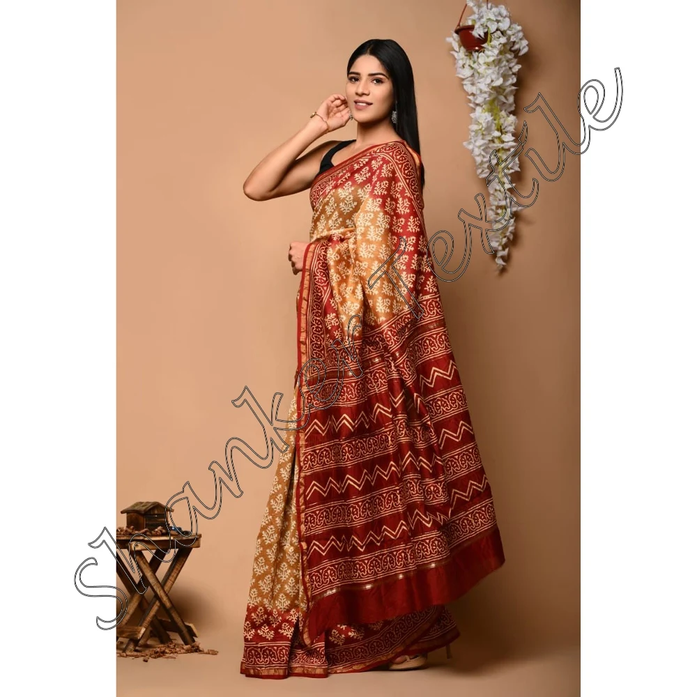 New Chanderi Silk Saree Indian with Blouse Block Printed for Woman Eco-friendly Adults India & Pakistan Wedding Dress Support