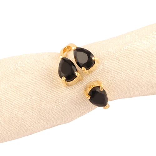 High Quality Luxury Ring Faceted Pear Black Onyx Three Stone Statement Ring Gold Plated Prong Setting Open Adjustable Ring Gift