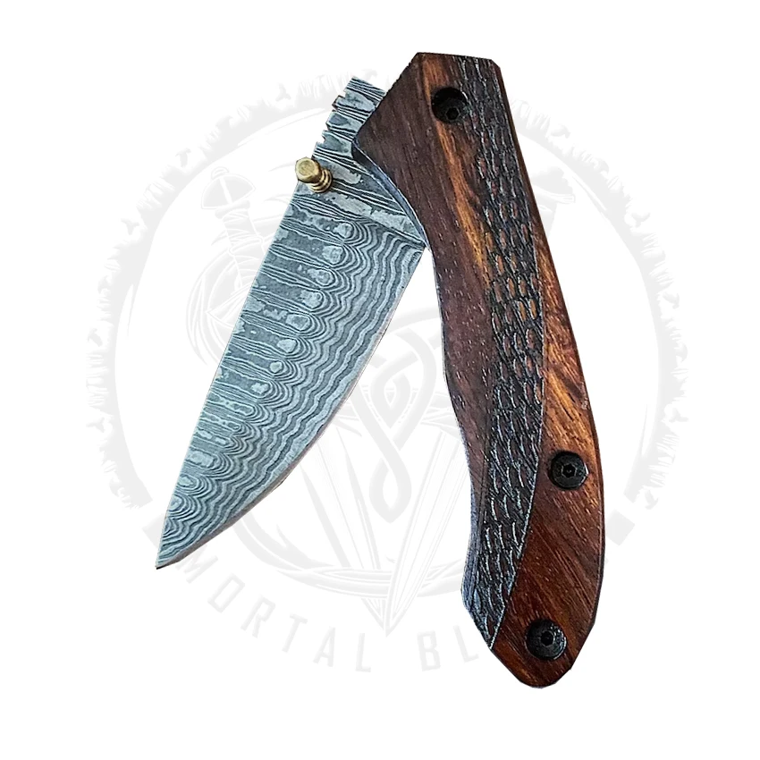 Damascus Folding Knife Outdoor Camping Pocket Hunting Knife With Engraved Rosewood Handle