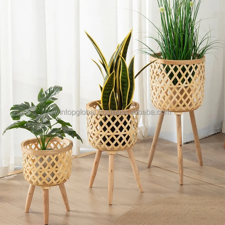 Antique Indoor Outdoor Bamboo Flower Pot Rattan Planter With Metal Stand Large Wooden Flower Pot For Home Decor