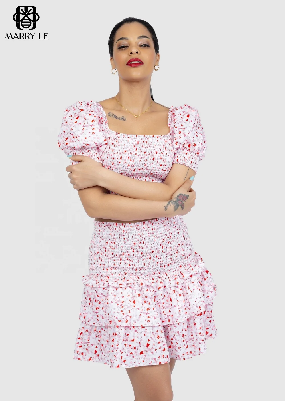 WOMEN CASUAL TIERED SMOCKED PINK TOP AND SKIRT SET - MD246 high quality top & skirt set true to size best price