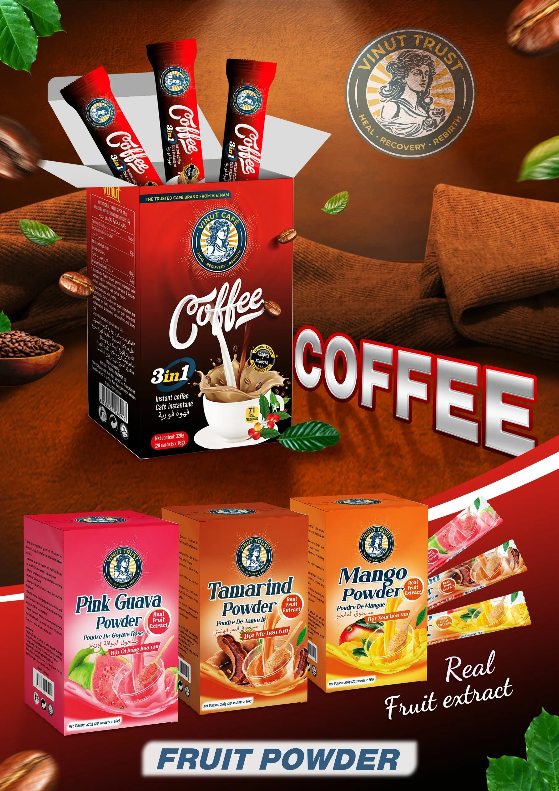 Порошок растворимого кофе Arabica & Robusta 3 в 1 - VINUT (20 пакетиков x 16 г) оптом по лучшей цене повышая фокус и здоровье кишечника