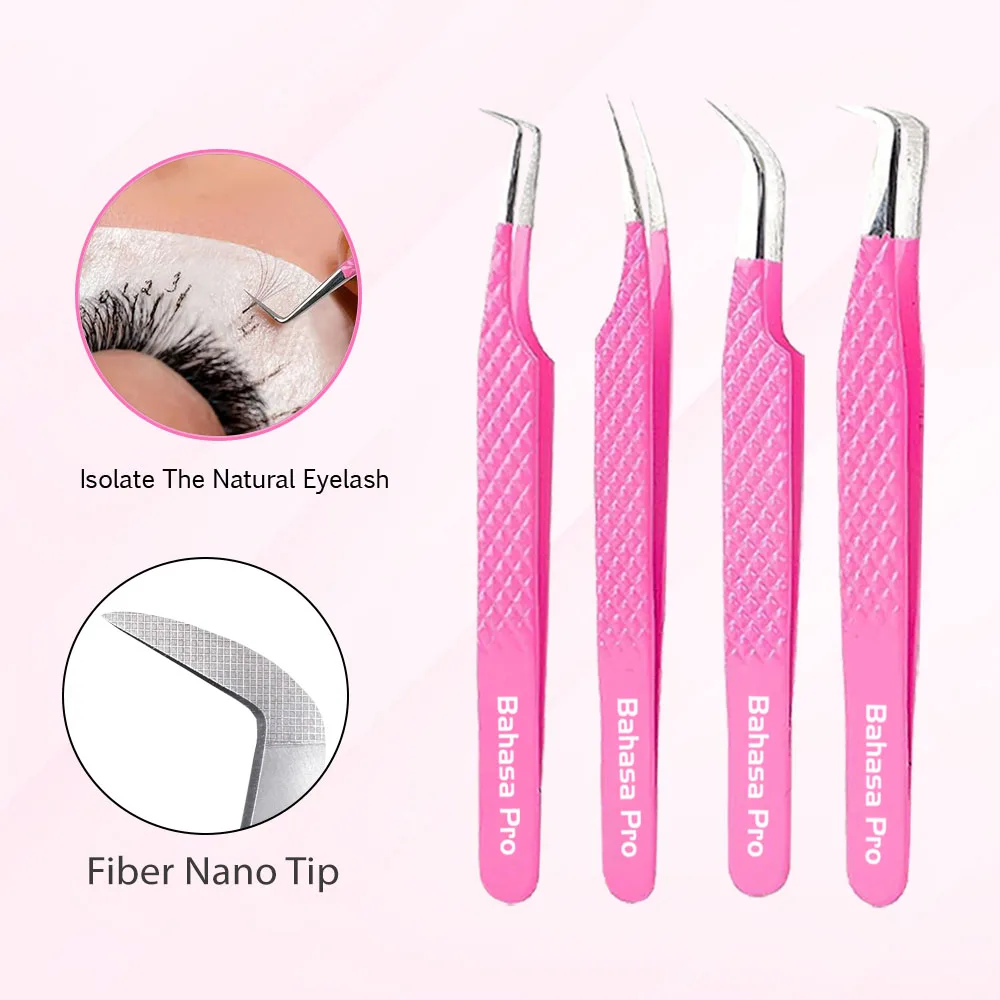 Custom Pink Eyelash Extensions Tweezers Stainless Steel Fiber Tip False Lash Tool with Private Label Custom Box by Bahasa Pro