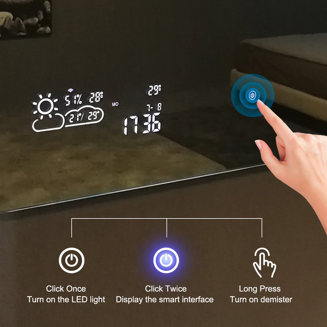 Intelligent Bathroom Mirror WiFi Connection APP Control Cosmetic Mirror With Weather display