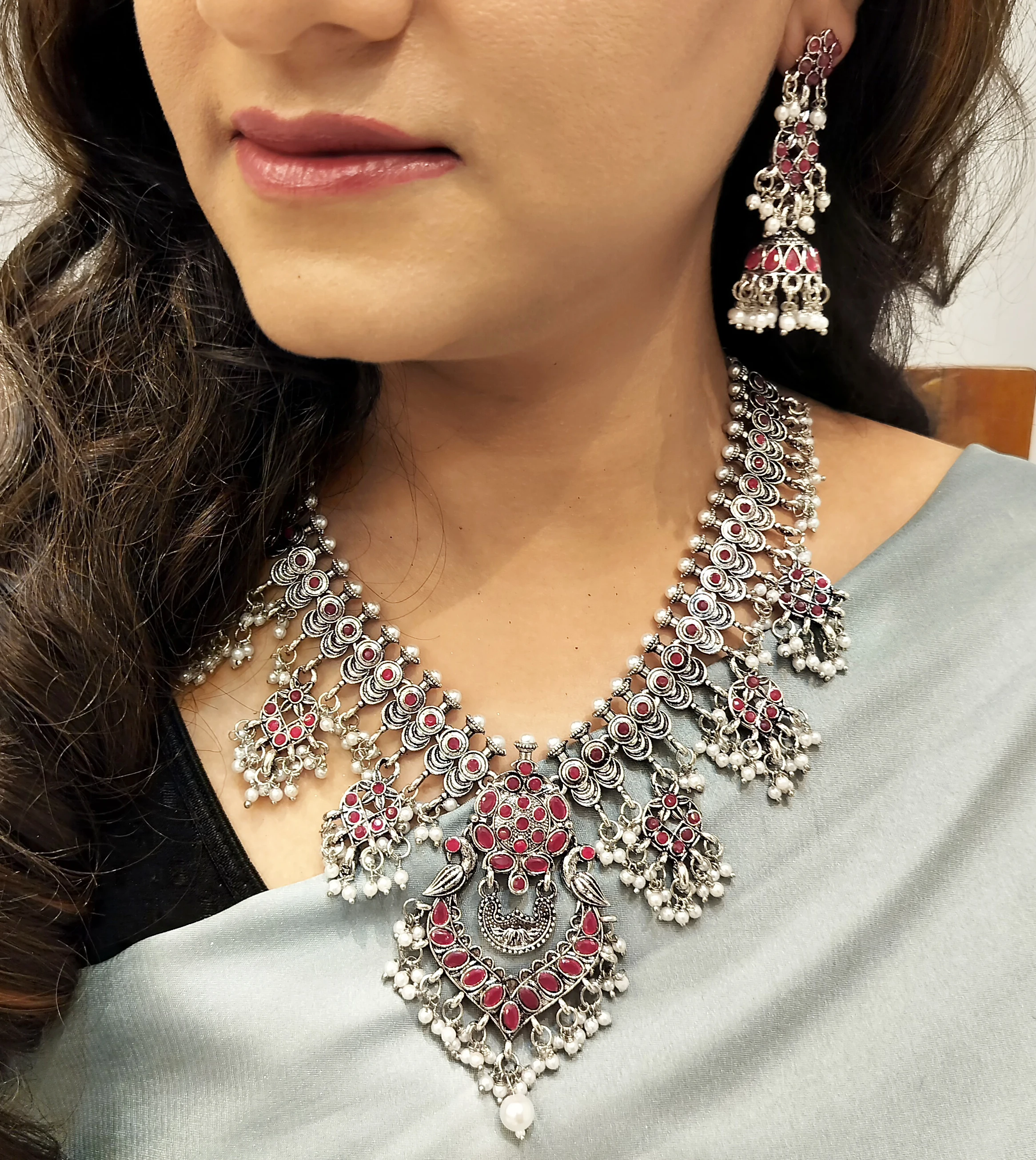 Indian Wholesaler Oxidized Antique Bohemian Faux Pearl Crystal Stone Necklace Jhumka Jhumki Earrings Jewelry for Women