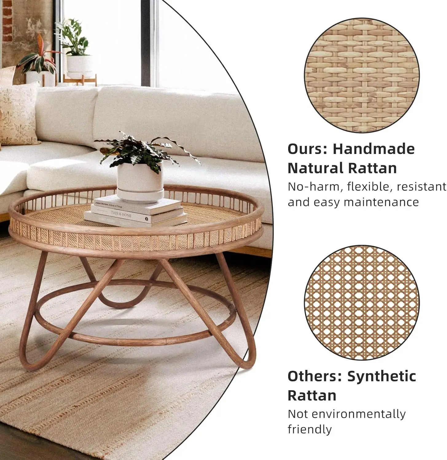 Brown Round Rattan Coffee Table 32x18', Handmade Sustainable Easy Cleaning Rattan Table for Home Hotel Coffee Shop