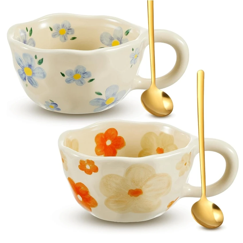 Vesici 2-Piece Ceramic Tea Cup Saucer Set 8.5 oz Floral Mug Vintage Handle Microwave Dishwasher Safe Cute Aesthetic Porcelain
