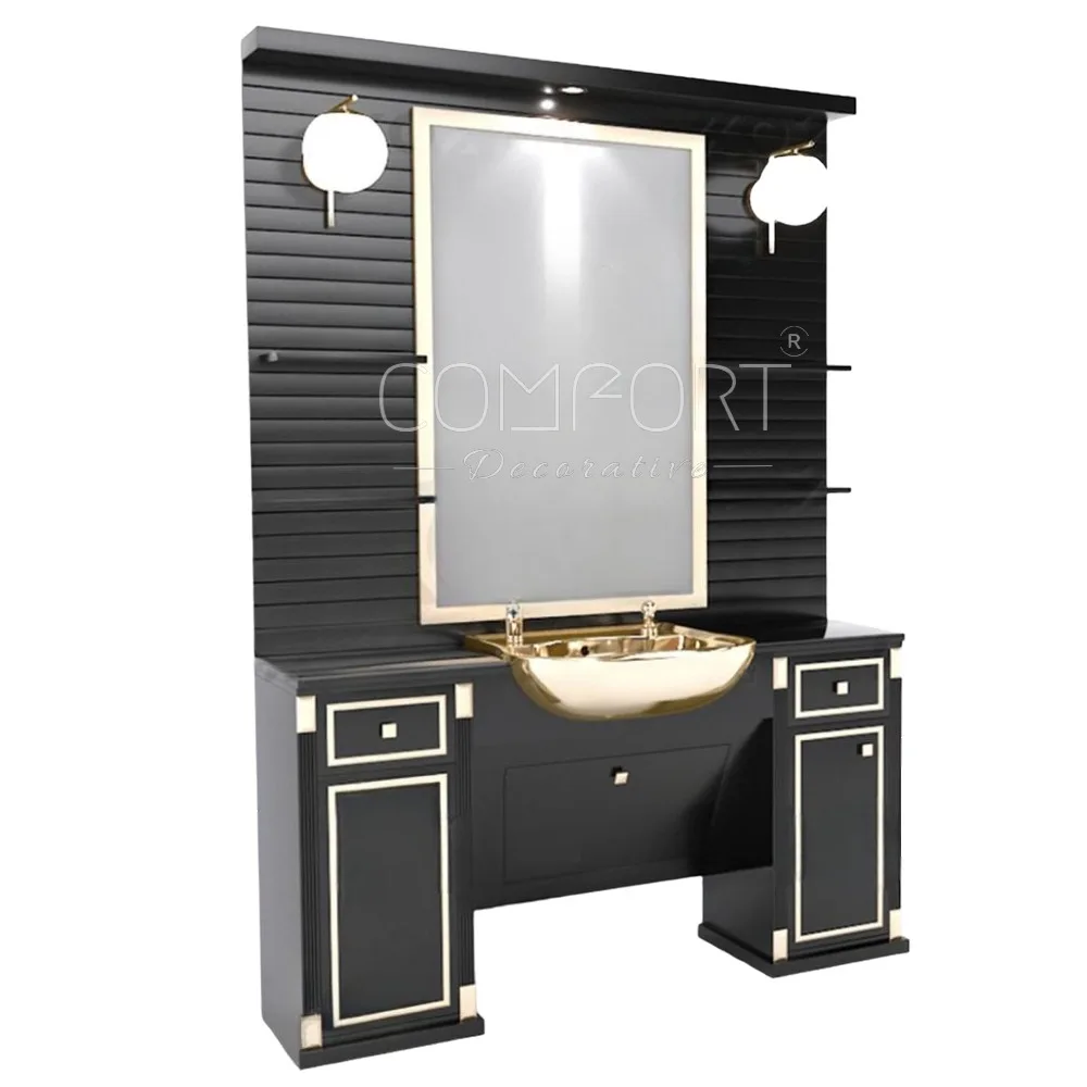 Gold and black modern Design Barber Station for Beauty Salon Hair Salon Barber Shop Featuring Wood Material and Salon Mirror
