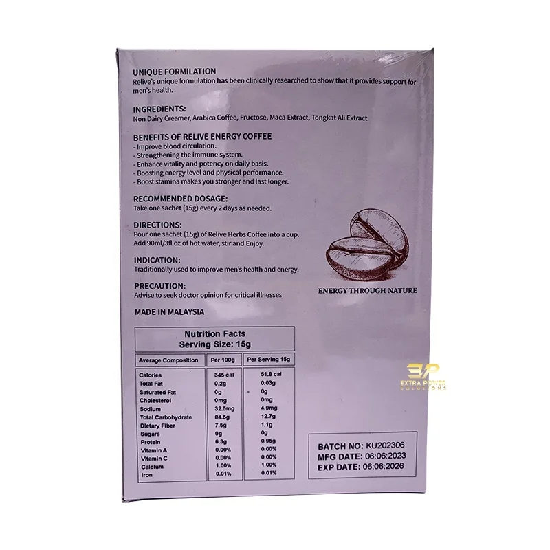 Relive Herbs Coffee Maca Tongkat Ali Hot Selling X Power Instant Coffee Ready Stock For Wholesale 1 Box 12 Pack