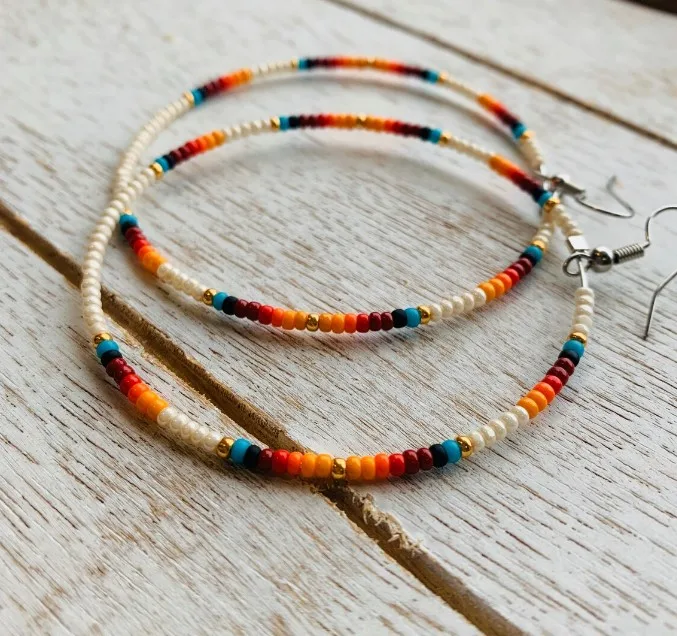 Luxury Quality Beaded Sunset Hoops green beaded tassel earrings