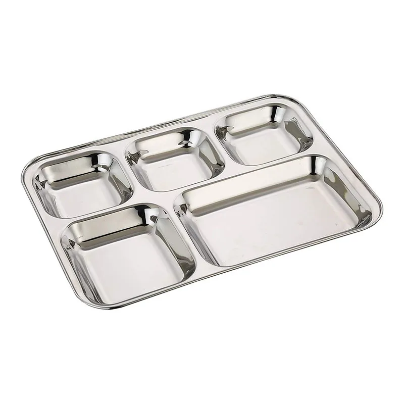 Best Selling Adult & Kids 5 compartments dinner plate Stainless Steel Rectangular Thali Plate Metal Thali Mess Trays