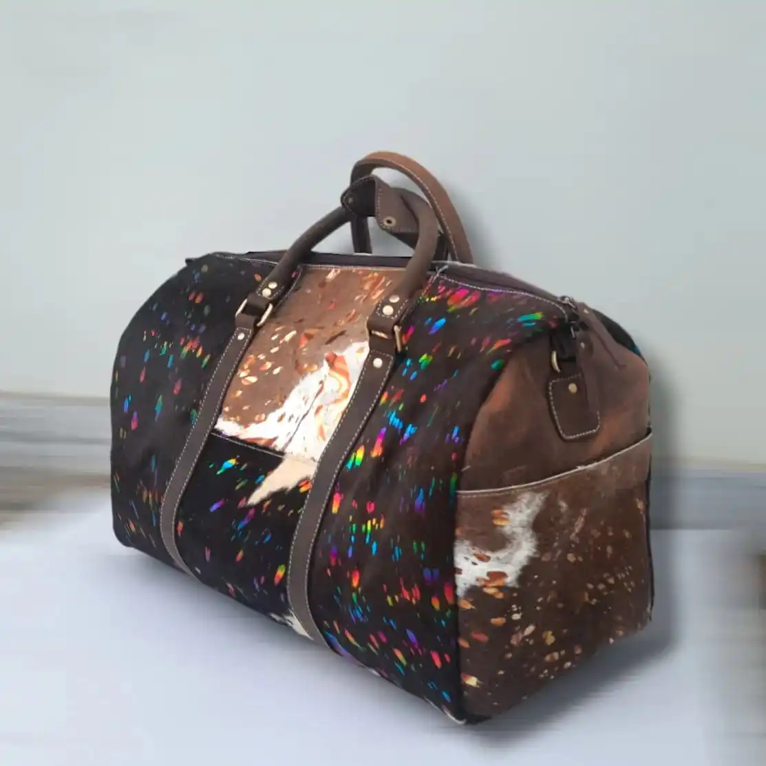 Stylish Foldable Luxury Duffle Bag Genuine Leather with Unique Hair on Design PVC Material for Overnight Trips Short Vacations