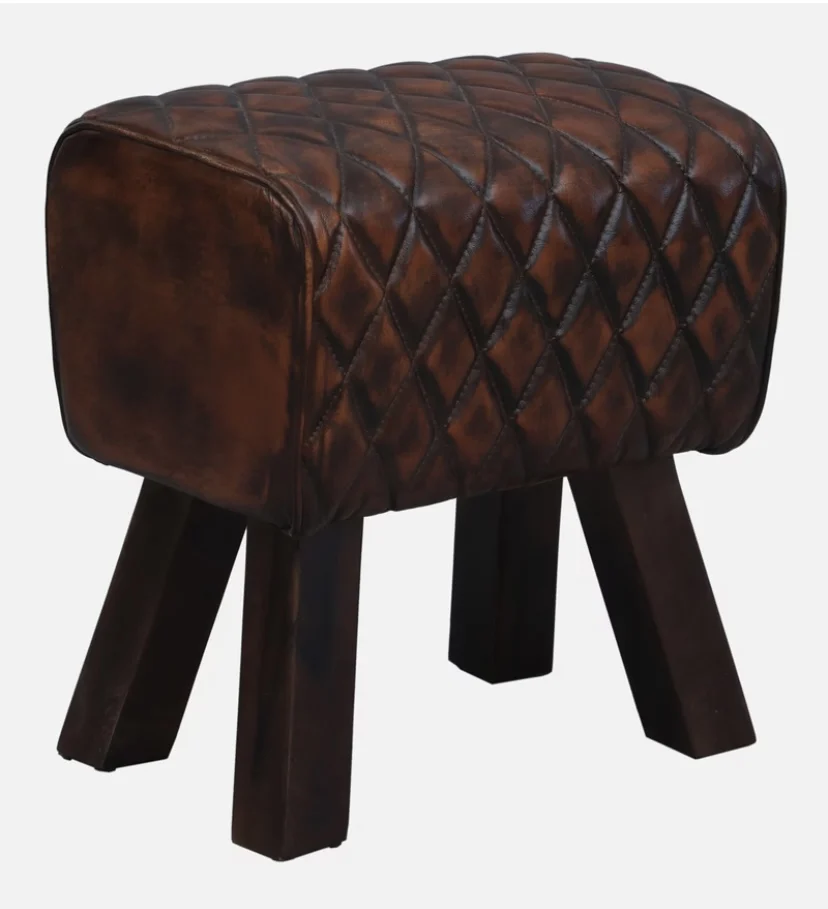 Modern Brown Leather Step Stool with Solid Wooden Base Antique Design Footrest Ottoman Home Supermarket Use Storage Feature