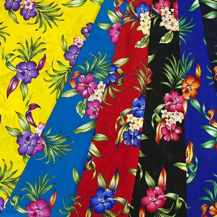 100% pure rayon high fashion polynesian designs in various colorways ready for immediate shipoment worldwide