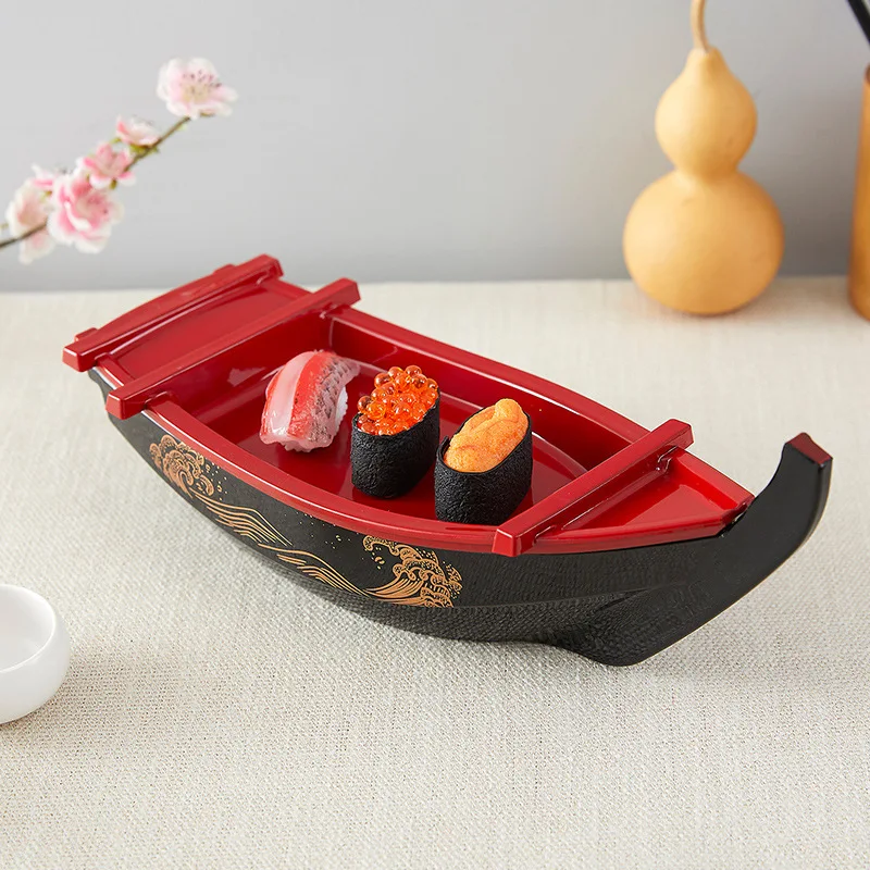 Hot Sale Washable Reusable Large Ship Boat Japanese Serving Plastic Party Black Sushi Tray