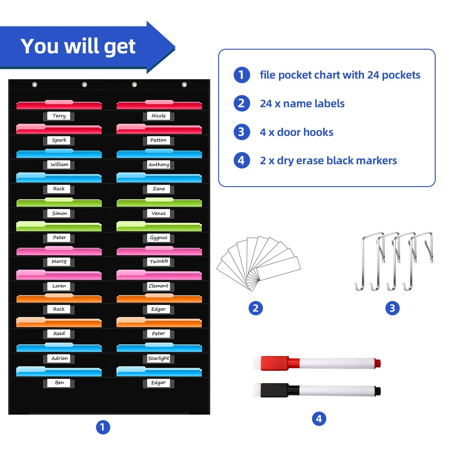 24 Pocket File Storage Pocket Chart,Hanging Wall File Organizer for Classroom and Office, Organize Your Assignments