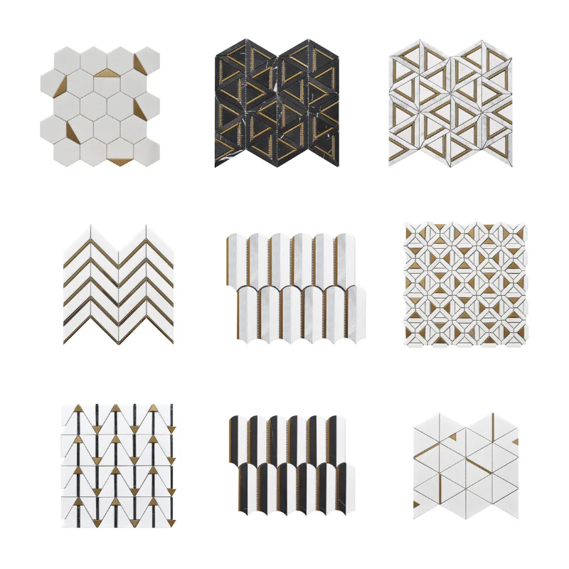 luxury water-jet stone metal inlay mosaic stainless steel natural marble mosaic background wall tiles