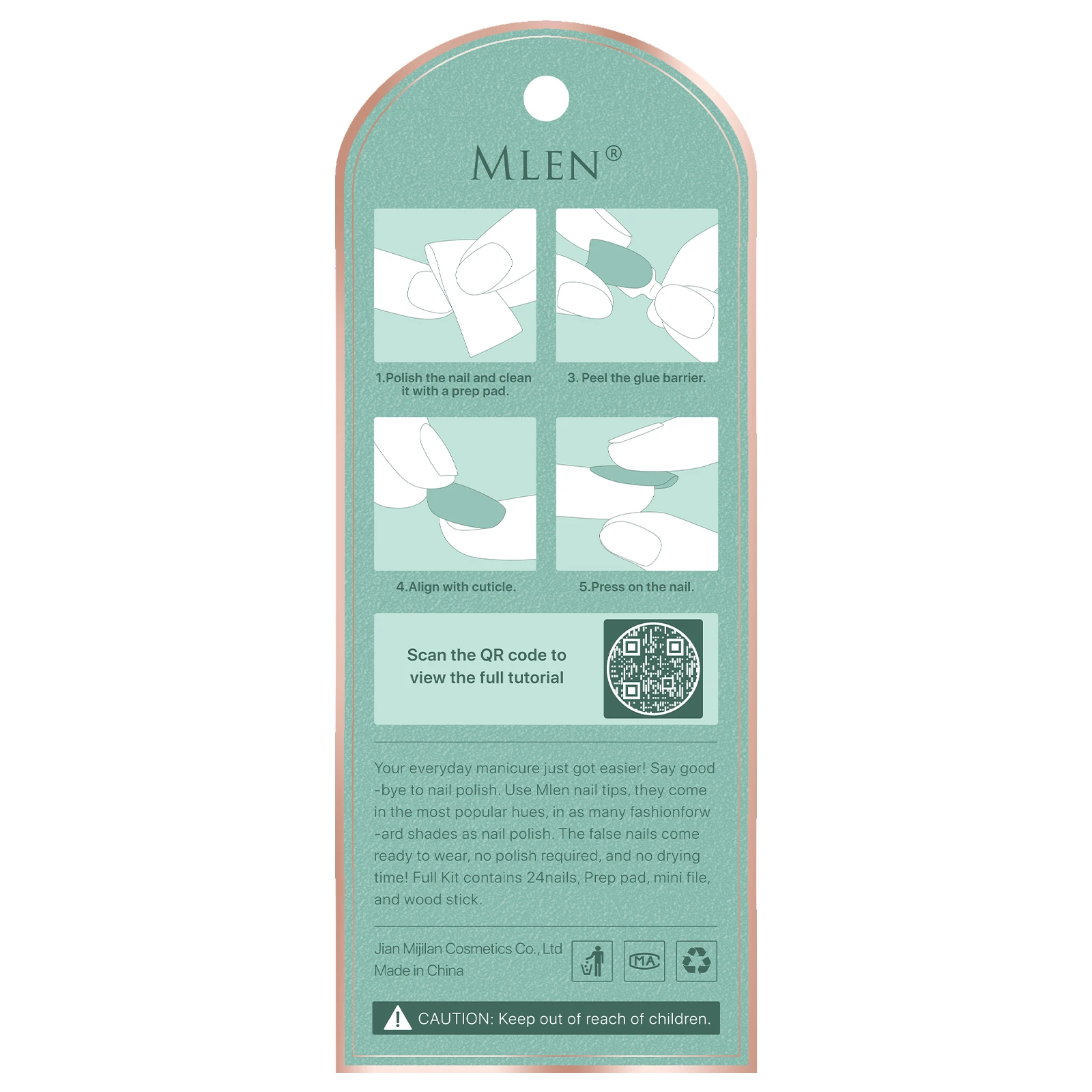 MLEN OEM 24Pcs Press on Nails Medium 3D Rhinestones Coffin Fa ke Nails with Designs false nail for women and girls