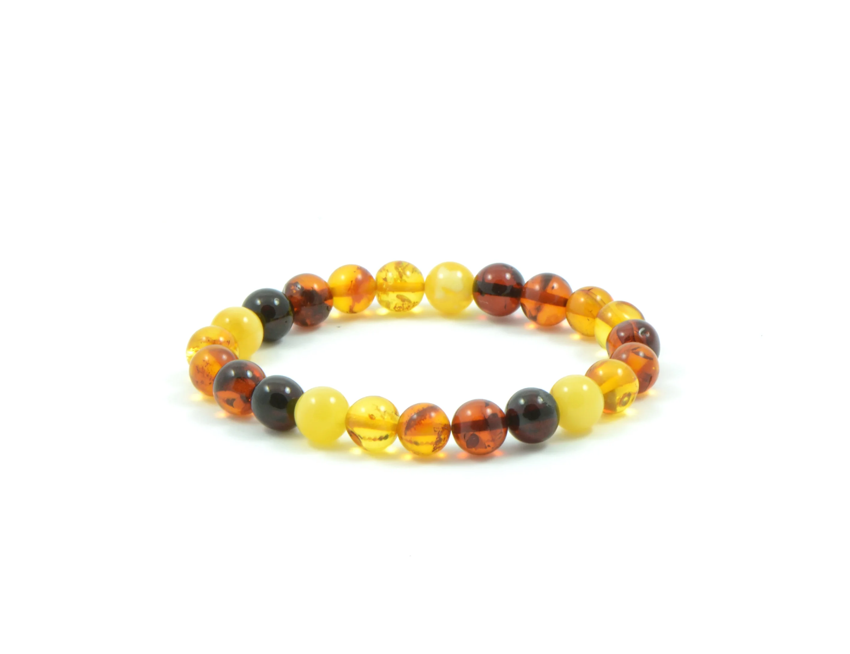 Multi Color Round Polished Amber Bracelet for Adult on Elastic Band, Universal Sizes