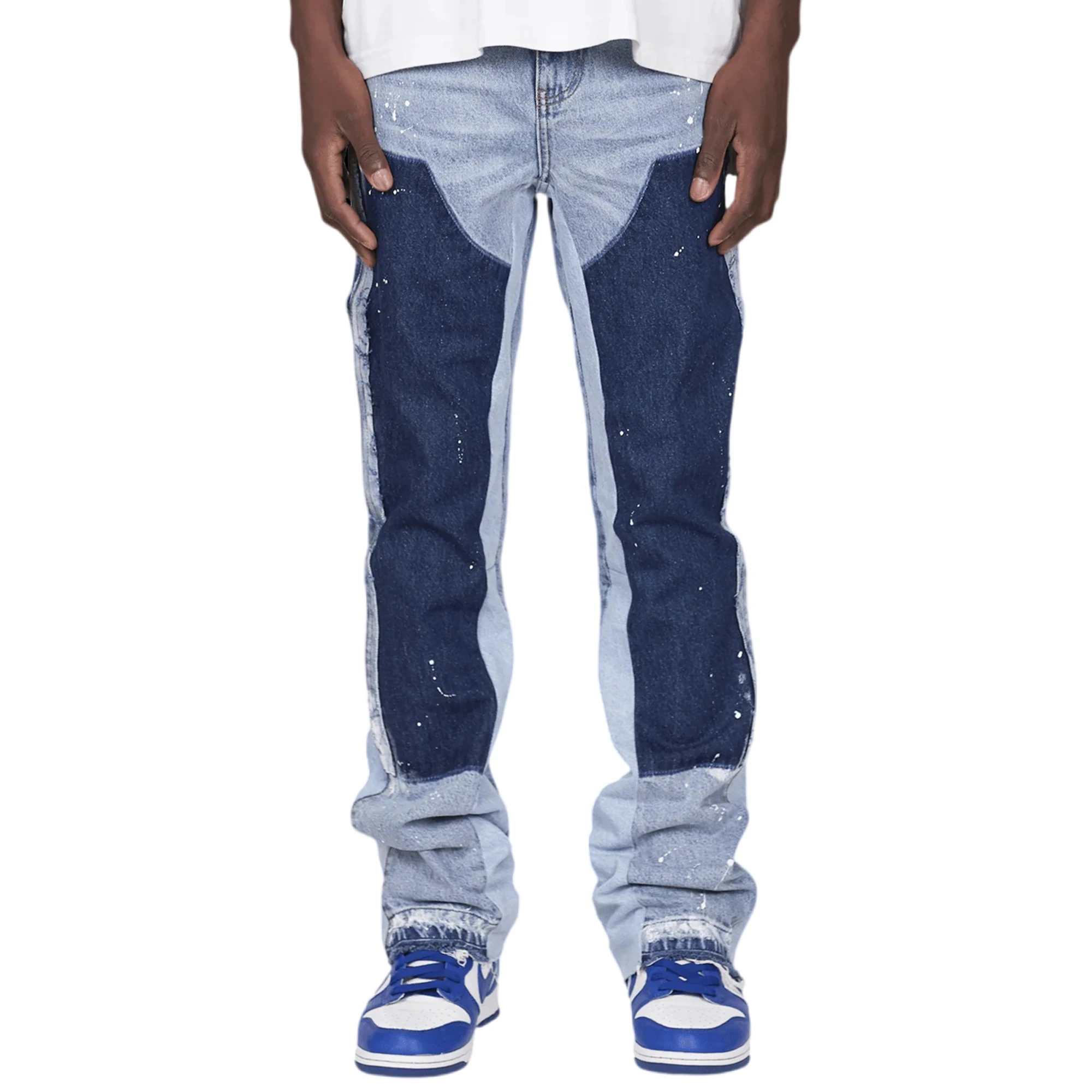 Fashion Custom Black Splattered Slim Fit Washed Pants Skinny Stacked Denim Flare Jeans Men